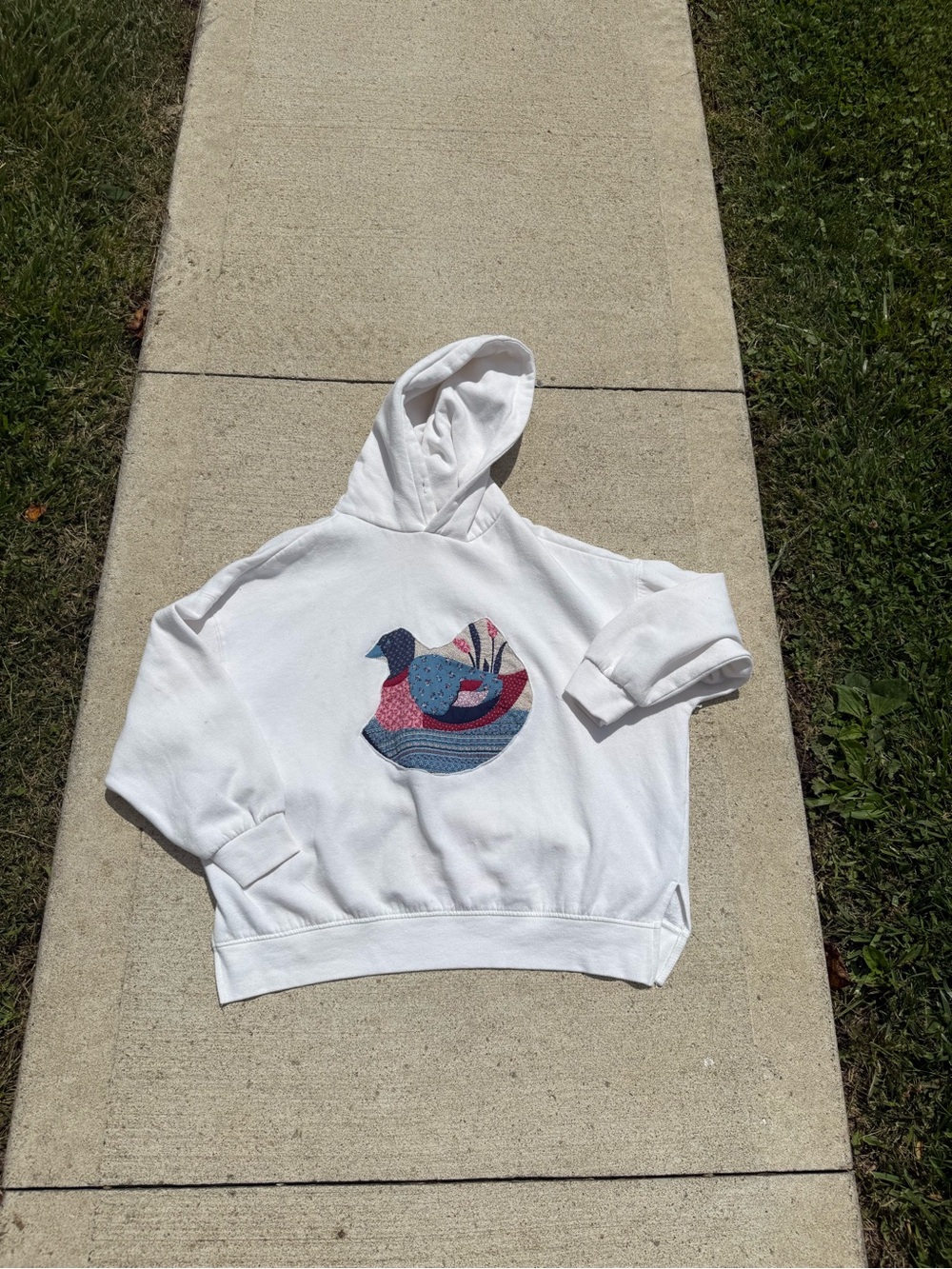 White repurposed hoodie with vintage quilted duck (made me me:))